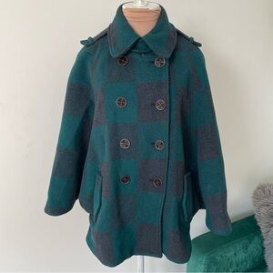 Anthropologie Cartonnier Green Buffalo Plaid Wool Blend Checkered Coat Cape Sz S